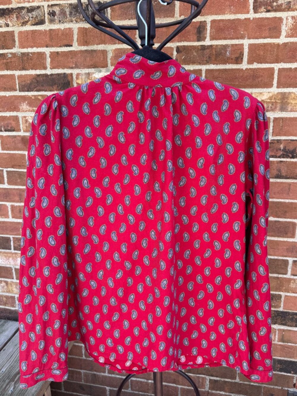 Vintage Edward Red Paisley Tie Neck Blouse Librarian Core Size 8
